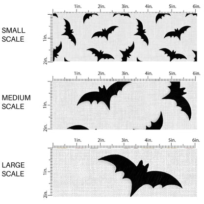 This scale chart of small scale, medium scale, and large scale of these Halloween themed pattern fabric by the yard features the following design elements: bats on gray. This fun spooky themed fabric can be used for all your sewing and crafting needs!