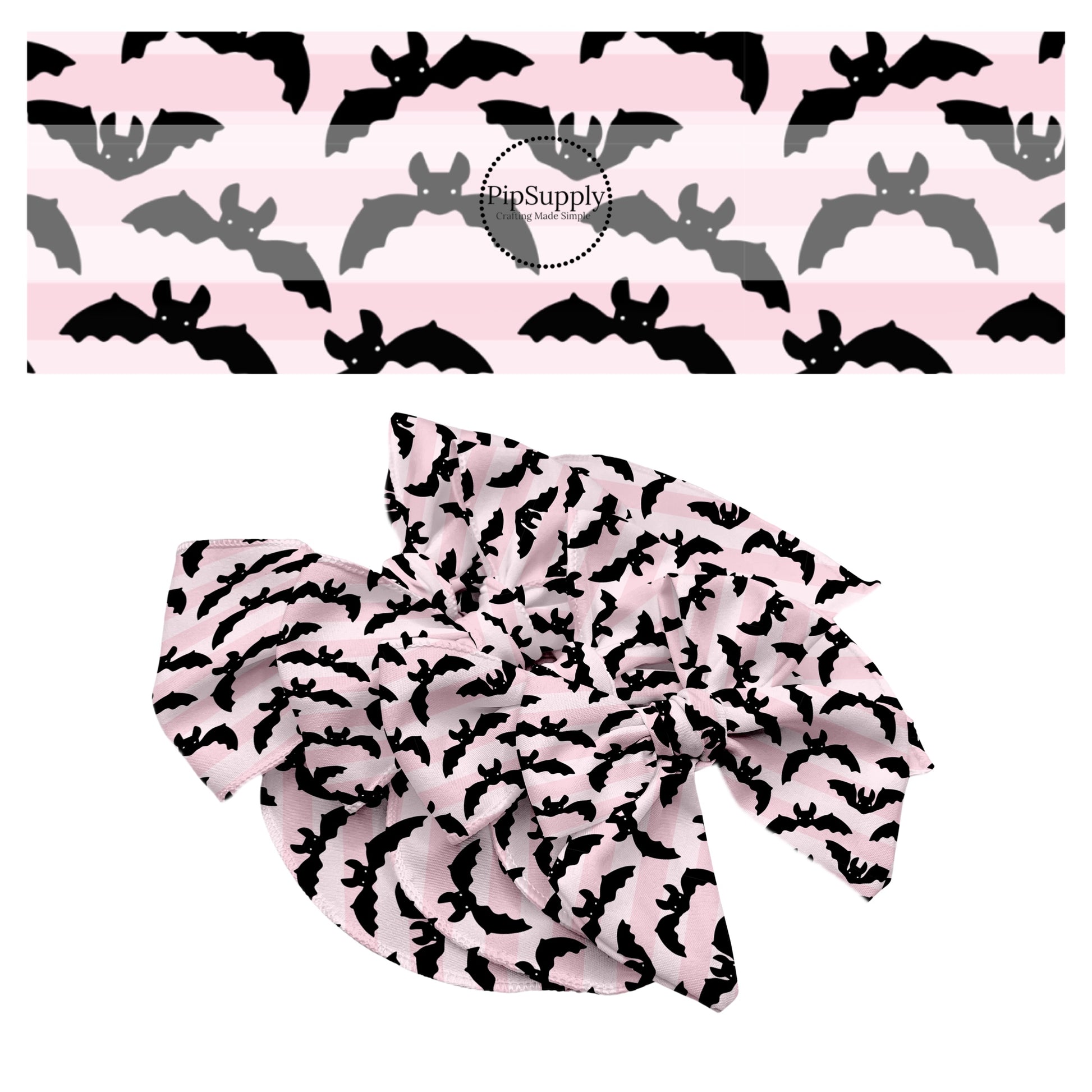 Black bats on multi pink stripes hair bow strips