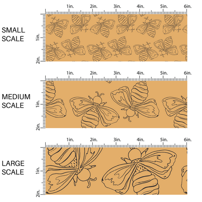 This scale chart of small scale, medium scale, and large scale of these bee themed light golden cream fabric by the yard features outlined bee in black on dark tan. 