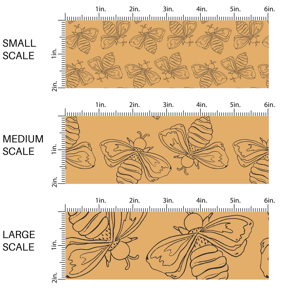 This scale chart of small scale, medium scale, and large scale of these bee themed light golden cream fabric by the yard features outlined bee in black on dark tan. 