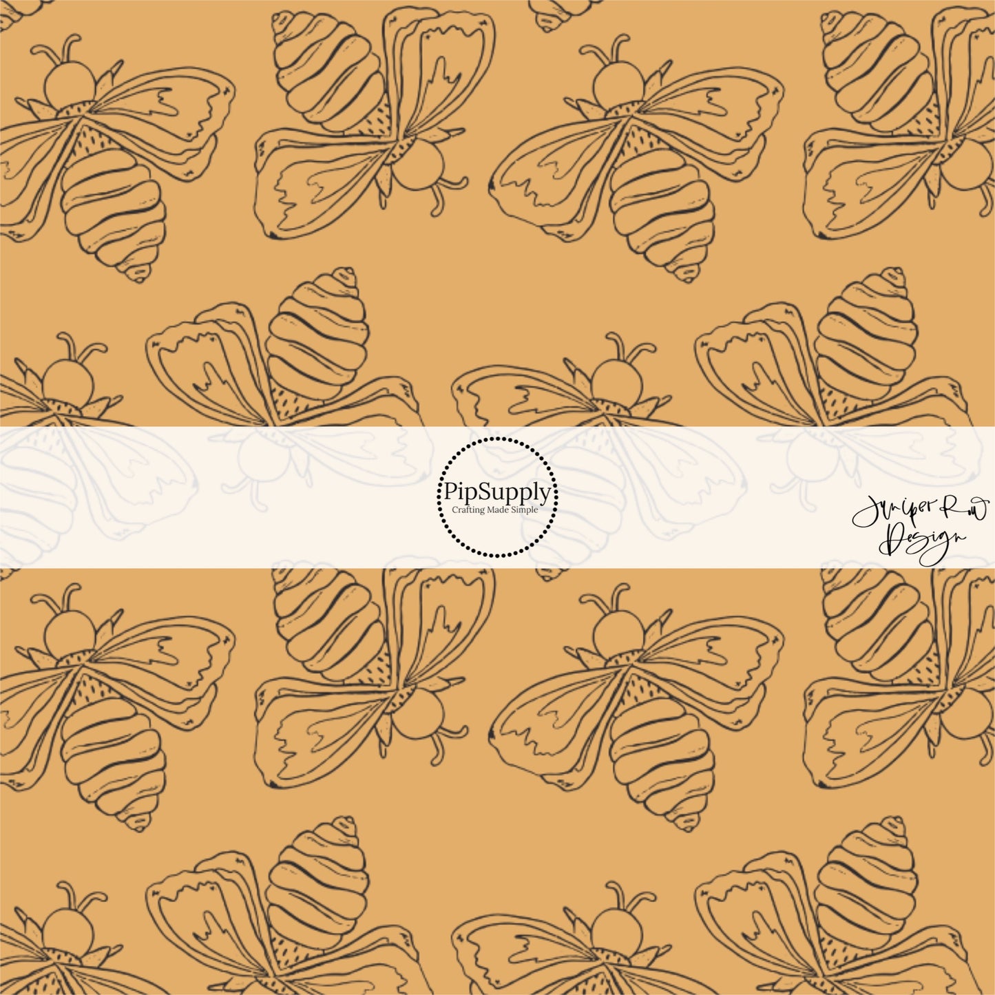 These bee themed light golden cream fabric by the yard features outlined bee in black on dark tan. 