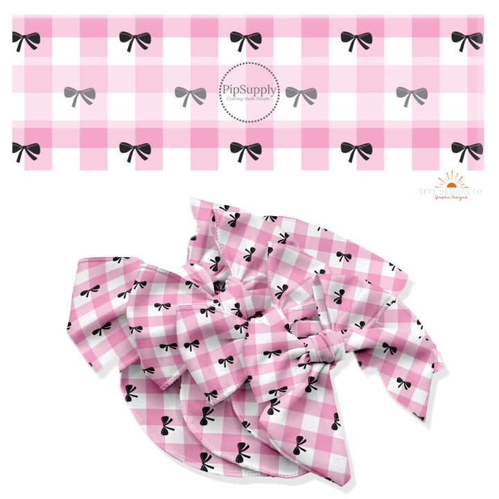 These holiday no sew bow strips can be easily tied and attached to a clip for a finished hair bow. These festive bow strips are great for personal use or to sell. These bow strips feature the following design elements: pink plaid and black bows.