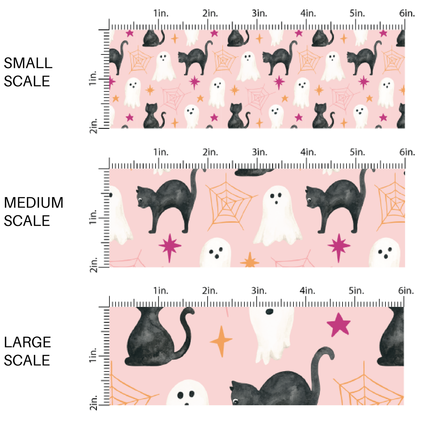 This scale chart of small scale, medium scale, and large scale of these Halloween themed pastel pink fabric by the yard features black cats, ghost, spiderwebs, and small dark pink and orange stars on pale pink. This fun spooky themed fabric can be used for all your sewing and crafting needs! 