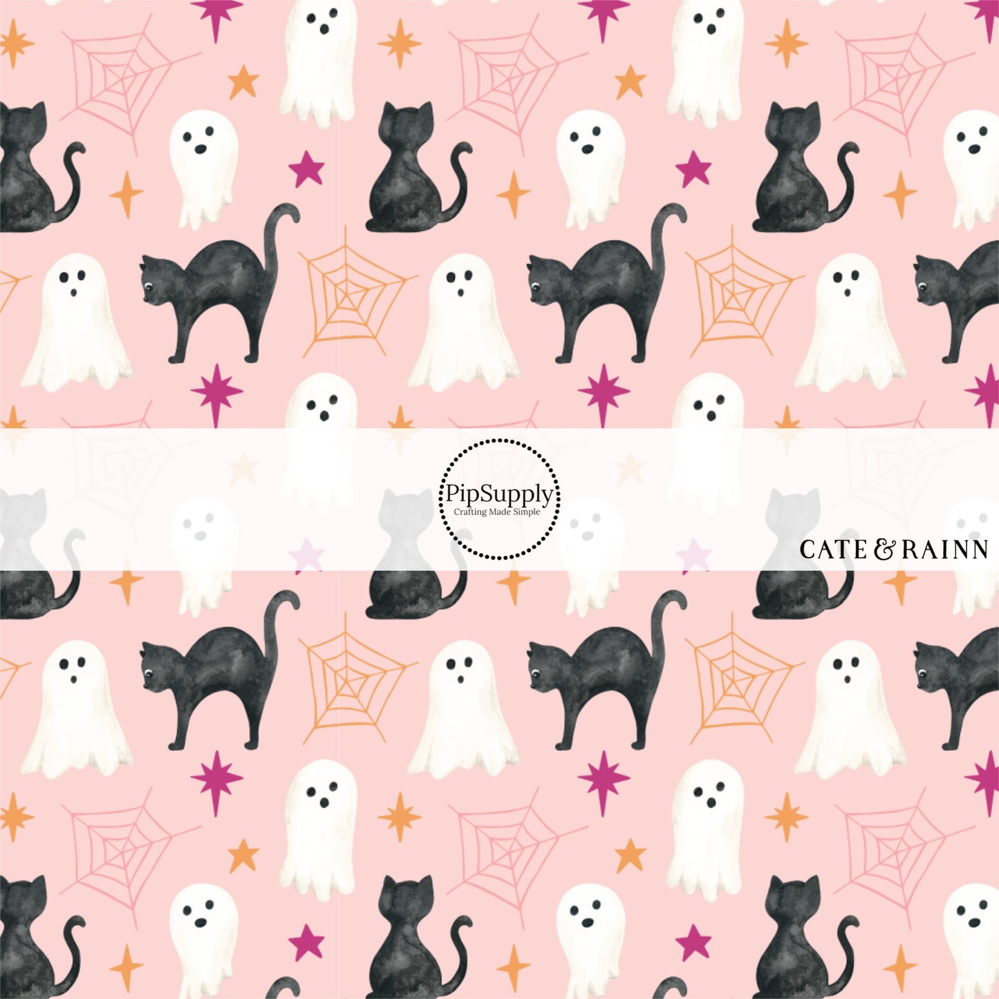 These Halloween themed pastel pink fabric by the yard features black cats, ghost, spiderwebs, and small dark pink and orange stars on pale pink. This fun spooky themed fabric can be used for all your sewing and crafting needs! 