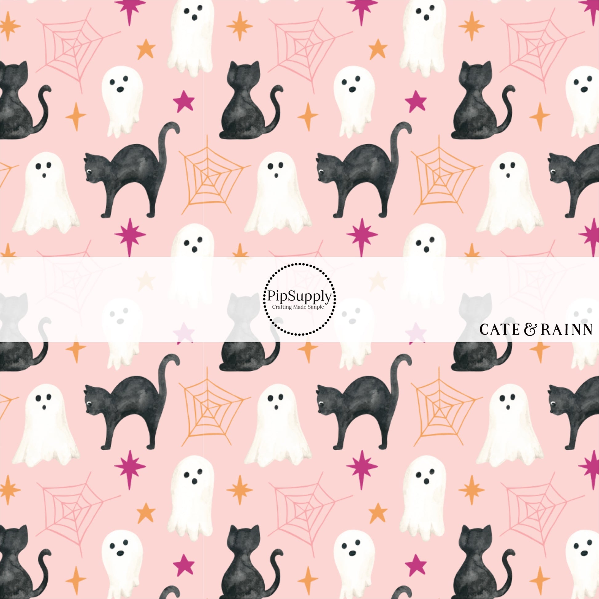 These Halloween themed pastel pink no sew bow strips can be easily tied and attached to a clip for a finished hair bow. These fun spooky bow strips are great for personal use or to sell. The bow stripes features black cats, ghost, spiderwebs, and dark pink and orange stars on pale pink.