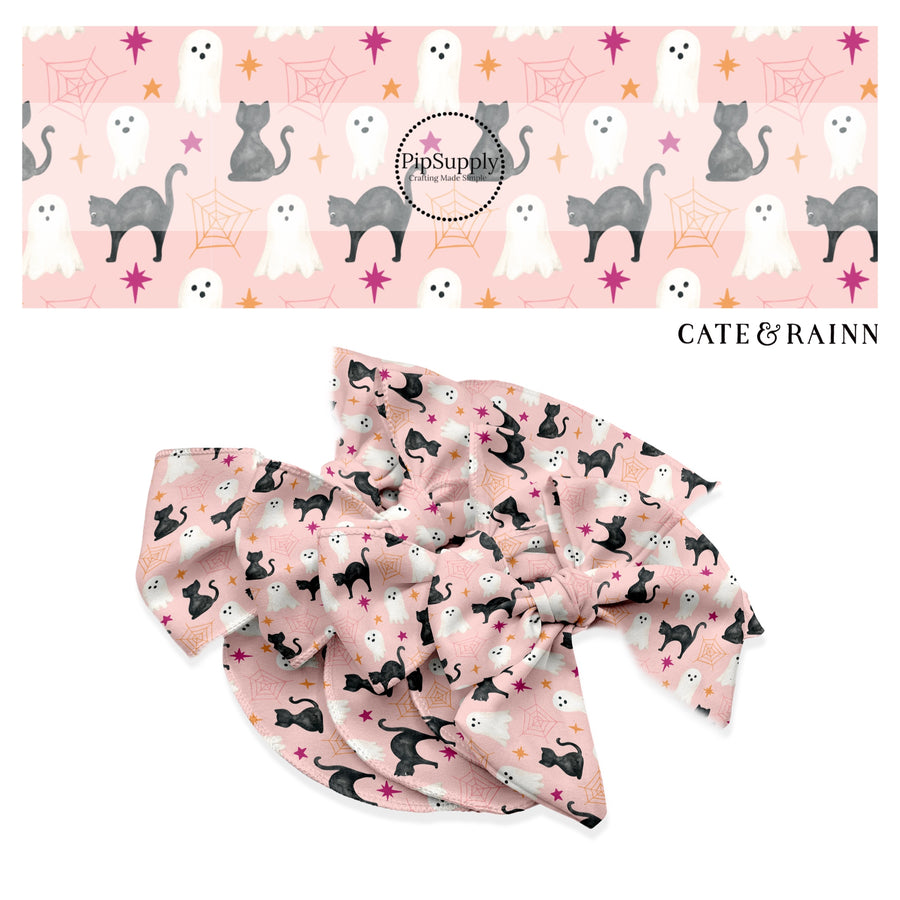 These Halloween themed pastel pink no sew bow strips can be easily tied and attached to a clip for a finished hair bow. These fun spooky bow strips are great for personal use or to sell. The bow stripes features black cats, ghost, spiderwebs, and dark pink and orange stars on pale pink.