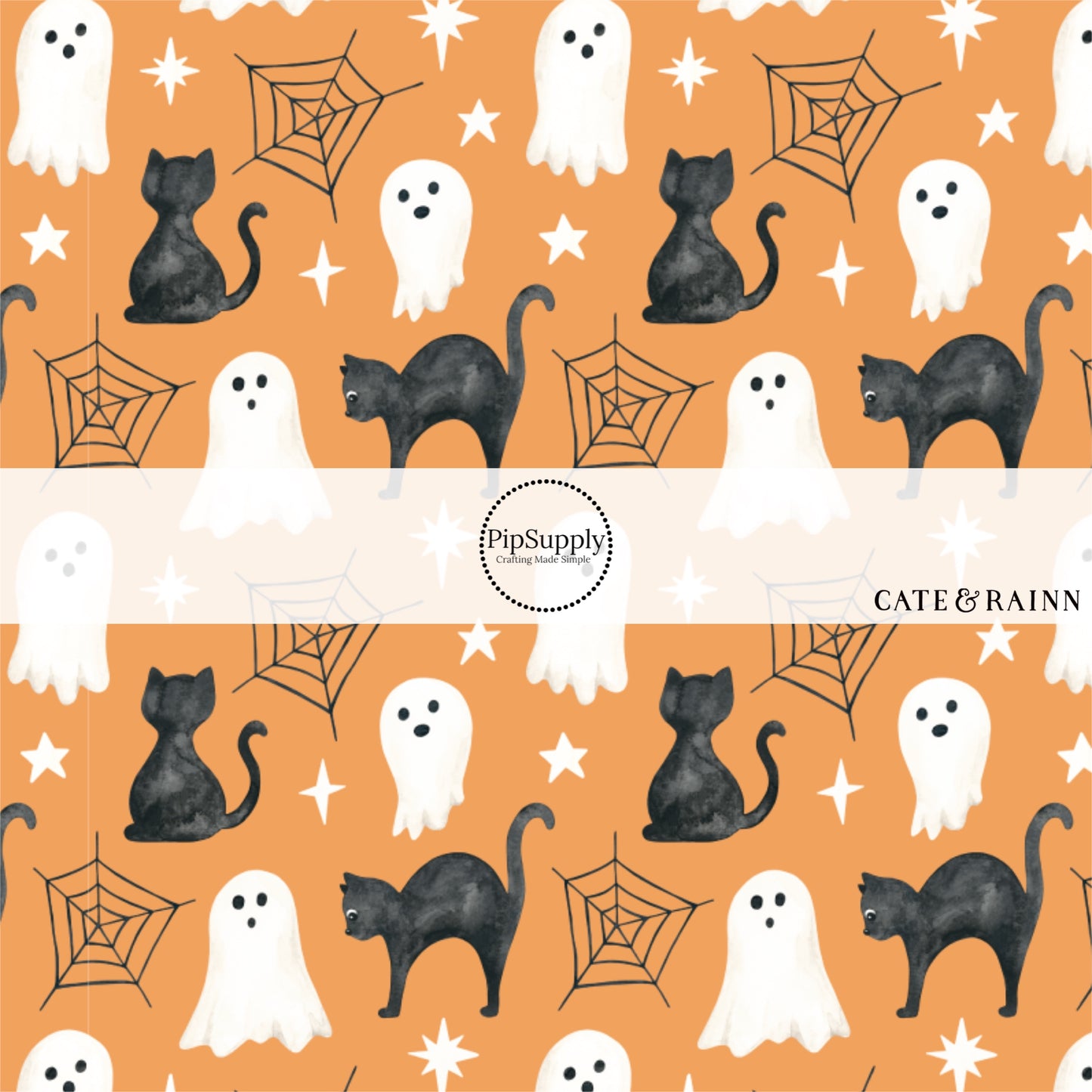 These Halloween themed orange fabric by the yard features black cats, ghost, spiderwebs, and small white stars on orange. This fun spooky themed fabric can be used for all your sewing and crafting needs! 