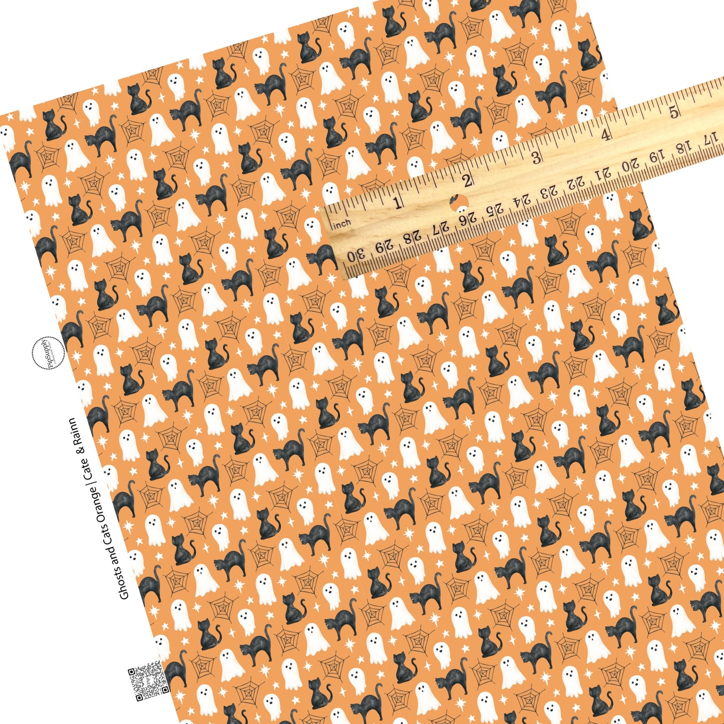 These Halloween themed orange faux leather sheets contain the following design elements: black cats, ghost, spiderwebs, and small white stars on orange. Our CPSIA compliant faux leather sheets or rolls can be used for all types of crafting projects.