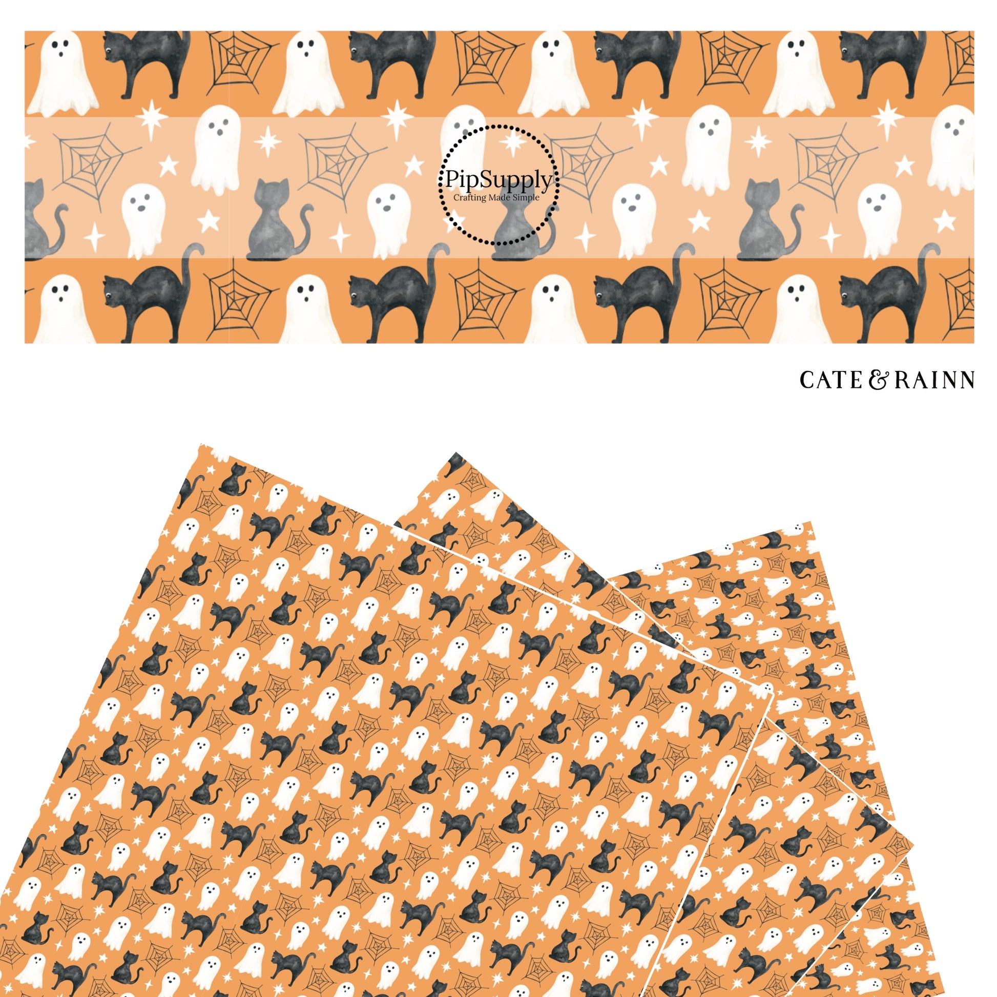 These Halloween themed orange faux leather sheets contain the following design elements: black cats, ghost, spiderwebs, and small white stars on orange. Our CPSIA compliant faux leather sheets or rolls can be used for all types of crafting projects.