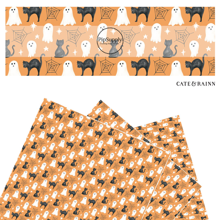 These Halloween themed orange faux leather sheets contain the following design elements: black cats, ghost, spiderwebs, and small white stars on orange. Our CPSIA compliant faux leather sheets or rolls can be used for all types of crafting projects.