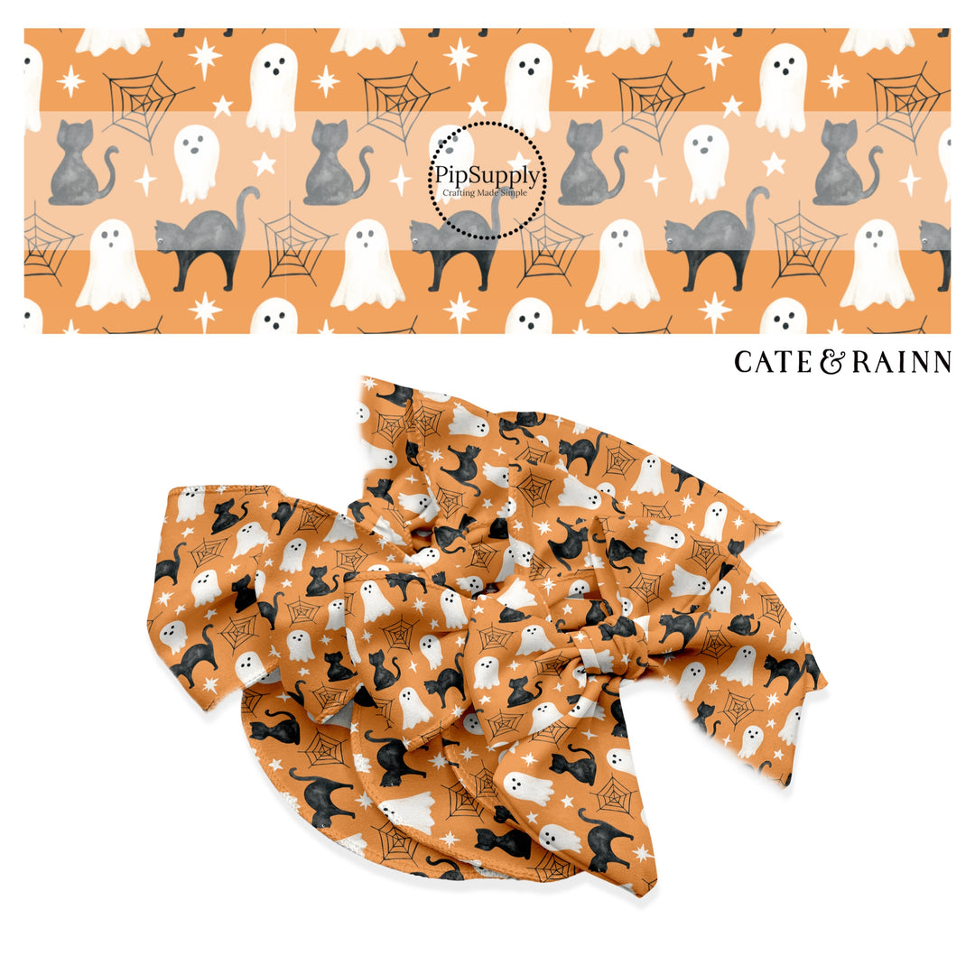 These Halloween themed orange no sew bow strips can be easily tied and attached to a clip for a finished hair bow. These fun spooky bow strips are great for personal use or to sell. The bow stripes features black cats, ghost, spiderwebs, and small white stars on orange.