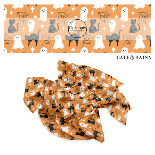 These Halloween themed orange no sew bow strips can be easily tied and attached to a clip for a finished hair bow. These fun spooky bow strips are great for personal use or to sell. The bow stripes features black cats, ghost, spiderwebs, and small white stars on orange.
