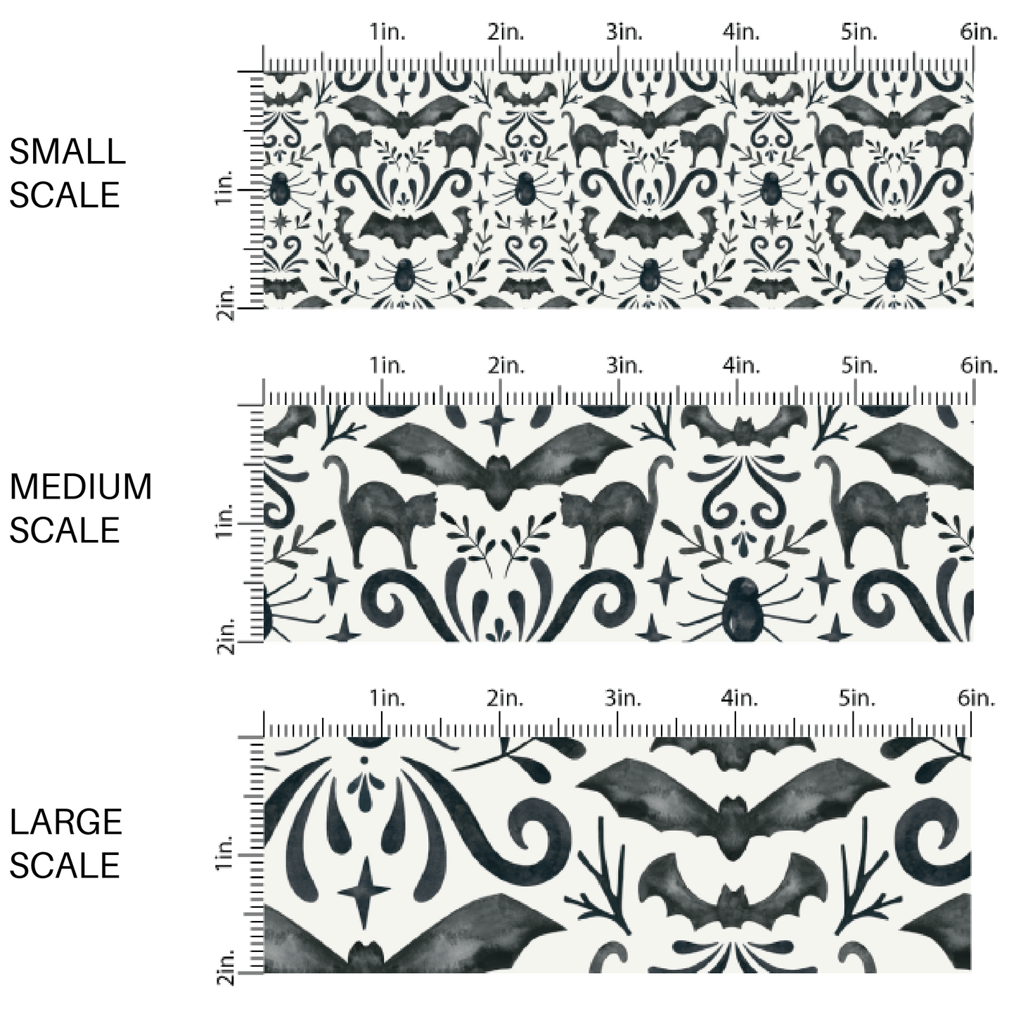 This scale chart of small scale, medium scale, and large scale of these Halloween themed black and cream fabric by the yard features Halloween themed pattern that includes bats and black cats. This fun spooky themed fabric can be used for all your sewing and crafting needs! 