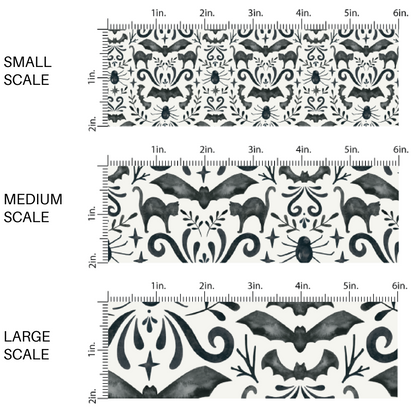 This scale chart of small scale, medium scale, and large scale of these Halloween themed black and cream fabric by the yard features Halloween themed pattern that includes bats and black cats. This fun spooky themed fabric can be used for all your sewing and crafting needs! 