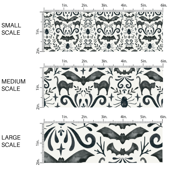 This scale chart of small scale, medium scale, and large scale of these Halloween themed black and cream fabric by the yard features Halloween themed pattern that includes bats and black cats. This fun spooky themed fabric can be used for all your sewing and crafting needs! 