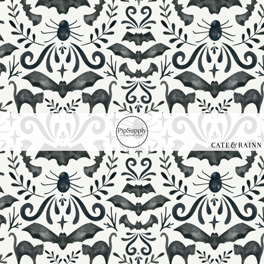 These Halloween themed black and cream fabric by the yard features Halloween themed pattern that includes bats and black cats. This fun spooky themed fabric can be used for all your sewing and crafting needs! 