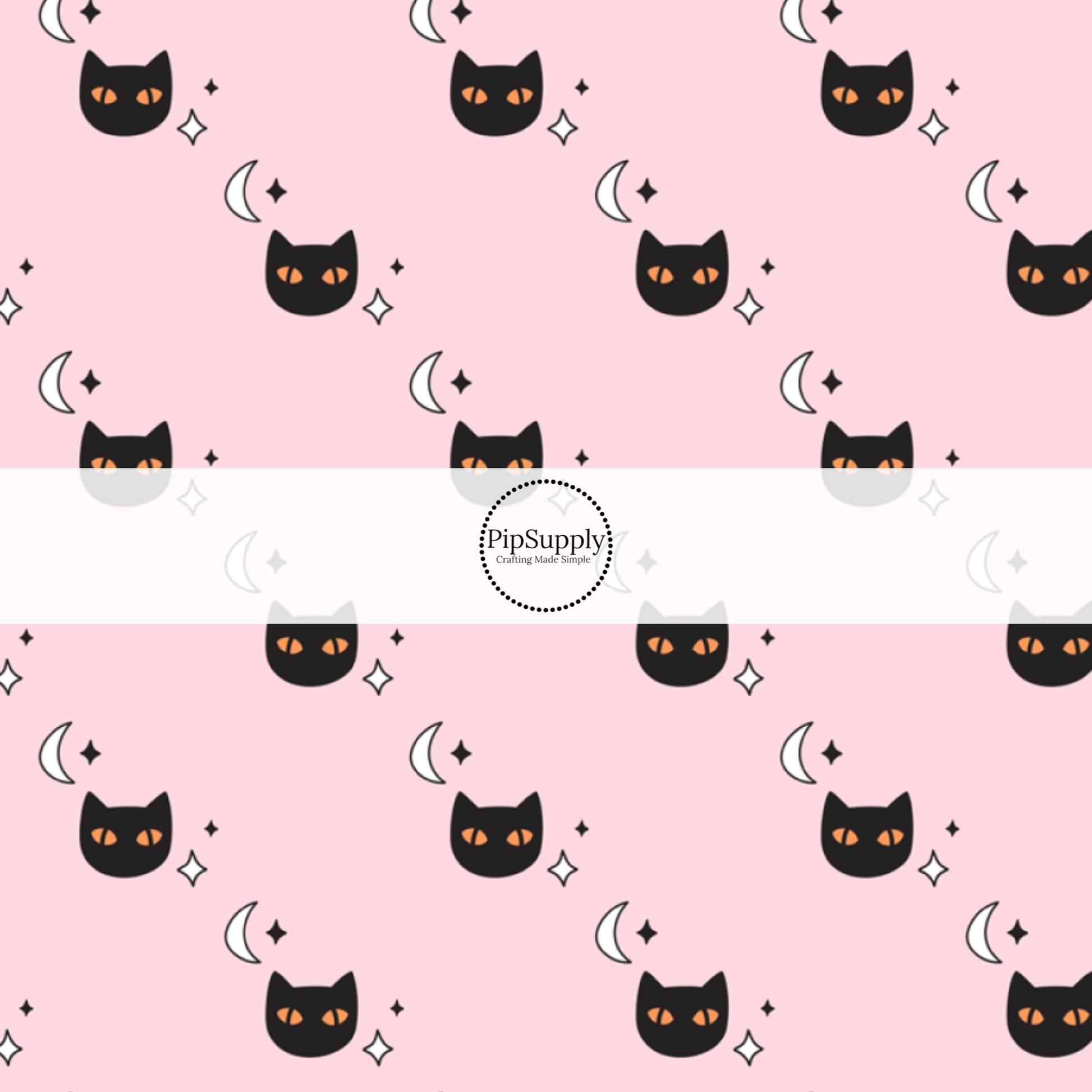 Moons and stars with black cats on light pink hair bow strips