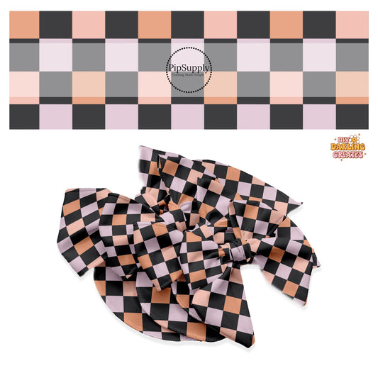 Orange, pink, purple, and black checkered hair bow strips