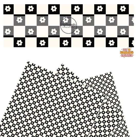 These spring pattern themed faux leather sheets contain the following design elements: black and cream checkered pattern with small daisies. Our CPSIA compliant faux leather sheets or rolls can be used for all types of crafting projects.