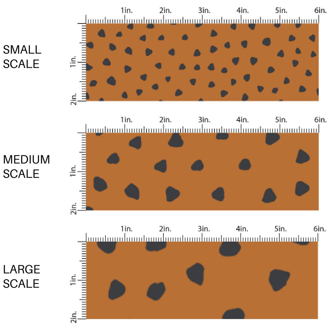 This scale chart of small scale, medium scale, and large scale of these speckled themed fabric by the yard features small black speckled dots on brown. This fun dotted themed fabric can be used for all your sewing and crafting needs! 