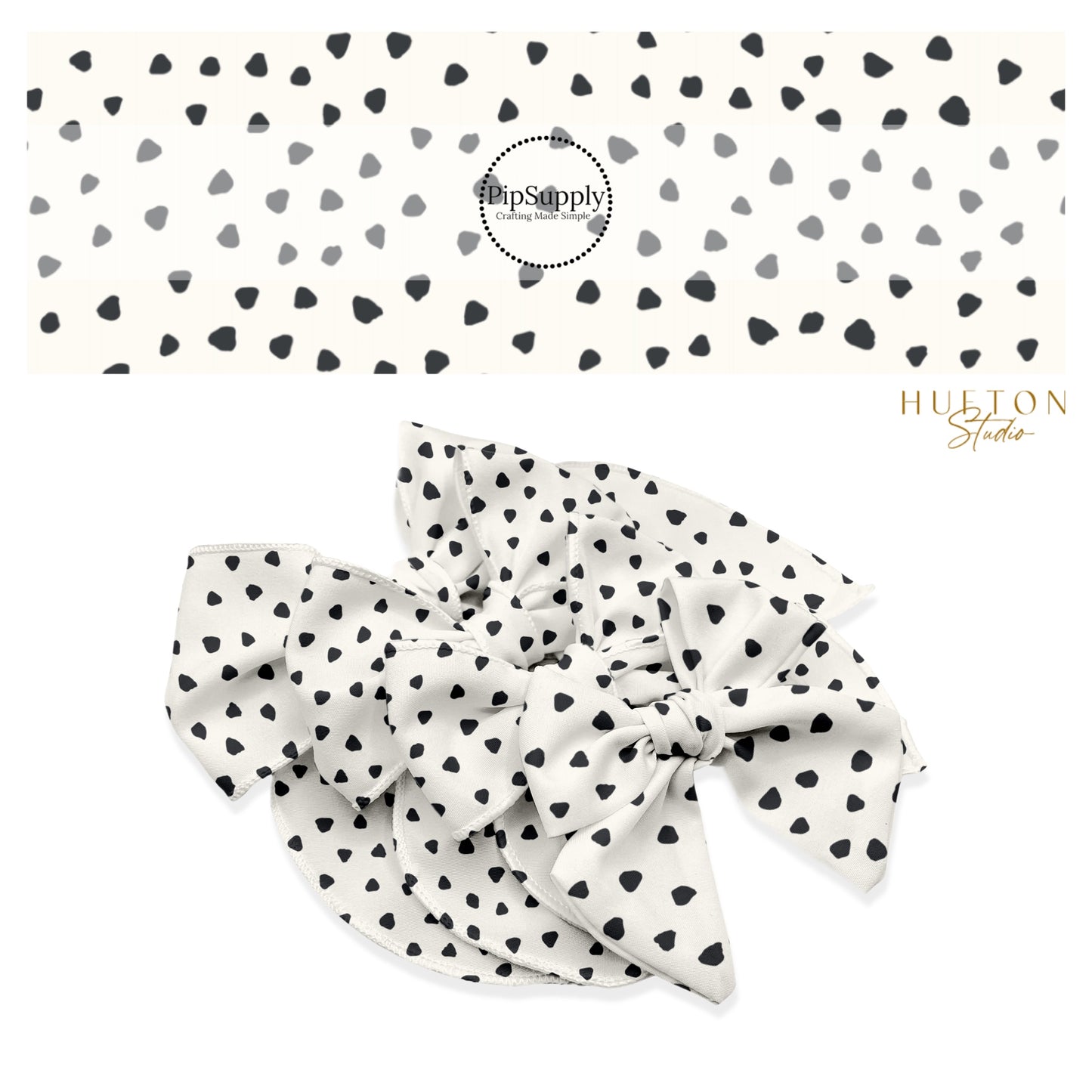 These speckled themed no sew bow strips can be easily tied and attached to a clip for a finished hair bow. These fun dot bow strips are great for personal use or to sell. The bow stripes features small black speckled dots on ivory.