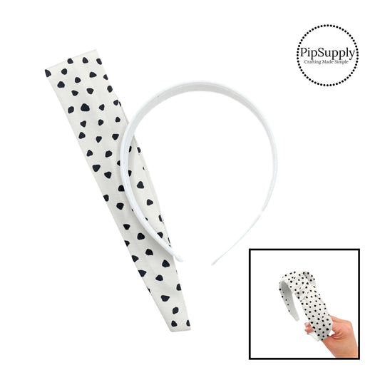 These speckled themed headband kits are easy to assemble and come with everything you need to make your own knotted headband. These kits include a custom printed and sewn fabric strip and a coordinating velvet or ribbed headband. The headband kits features small black speckled dots on ivory.