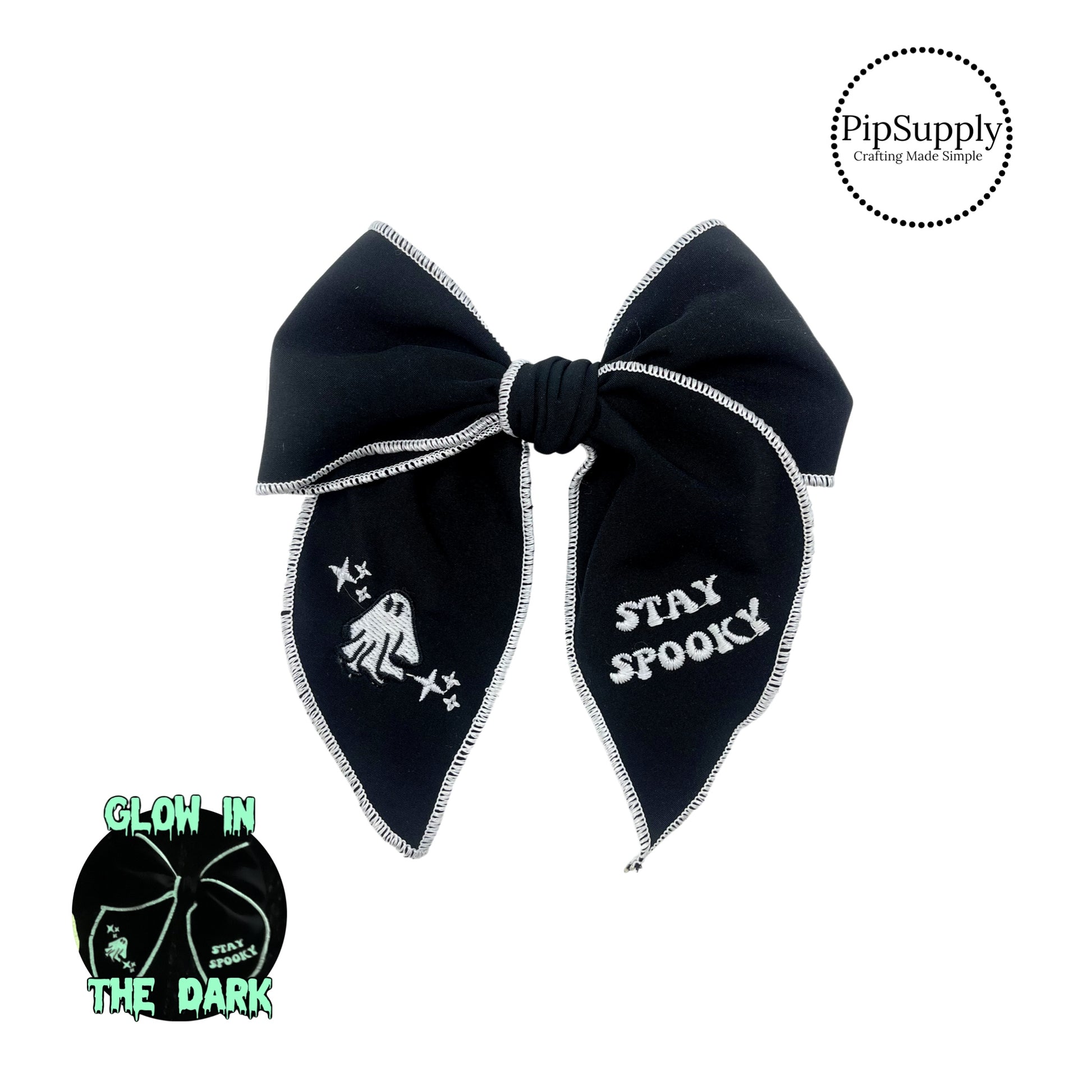 White ghosts with stay spooky sayings on black hair bows