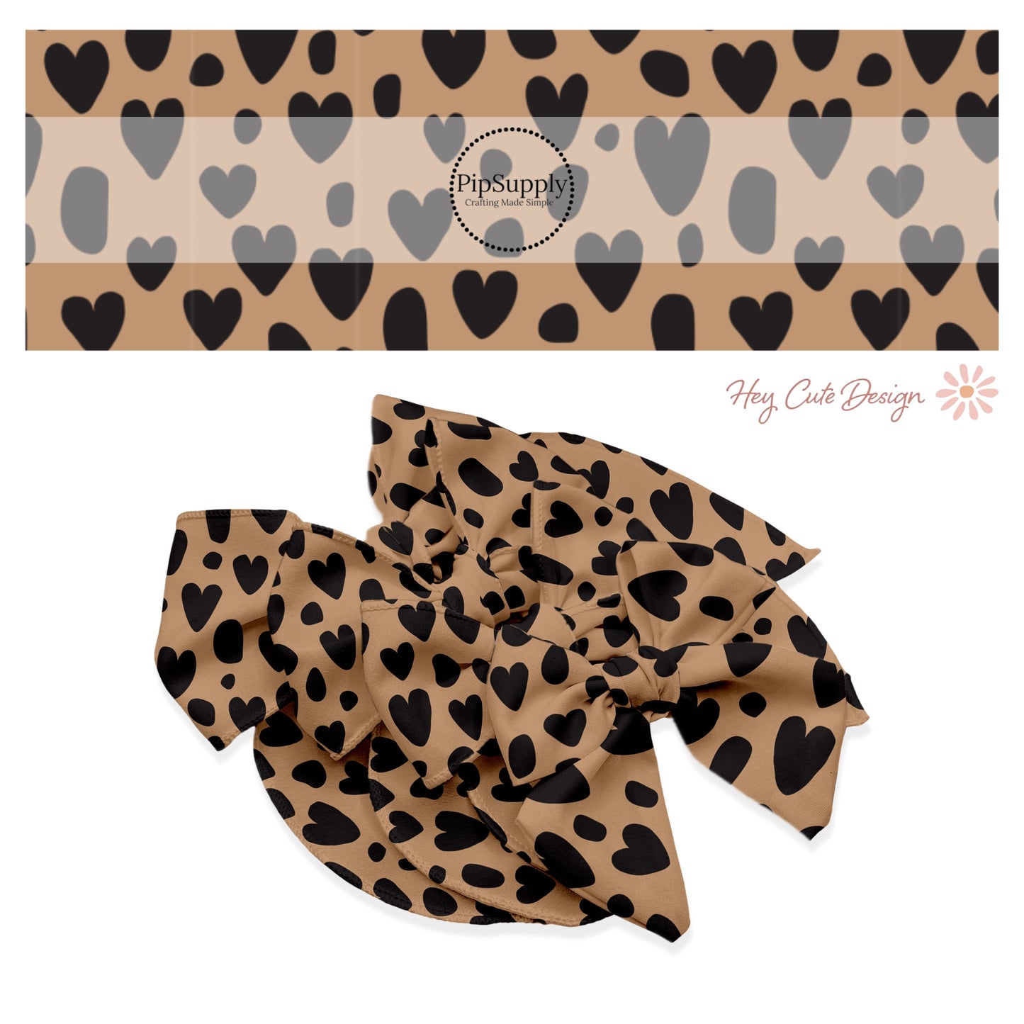 These heart and spot themed brown no sew bow strips can be easily tied and attached to a clip for a finished hair bow. These fun animal themed bow strips with leopard pattern with hearts and spots in black on brown are great for personal use or to sell.