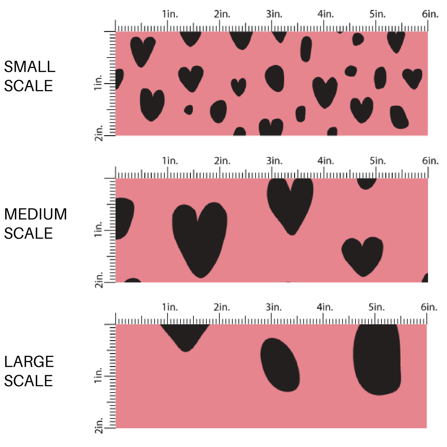 This scale chart of the small scale, medium scale, and large scale of these heart and spot themed pink fabric by the yard features leopard pattern with hearts and spots in black on pink. This fun animal themed fabric can be used for all your sewing and crafting needs! 