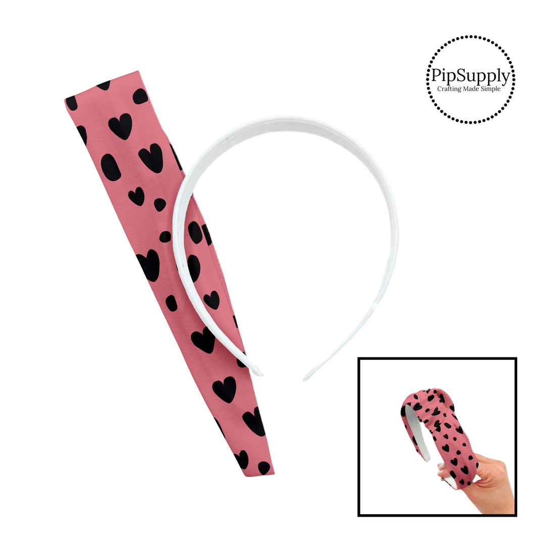 These heart and spot themed pink headband kits are easy to assemble and come with everything you need to make your own knotted headband. These fun animal themed kits with a variety hearts and spots in black on pink include a custom printed and sewn fabric strip and a coordinating velvet headband.  