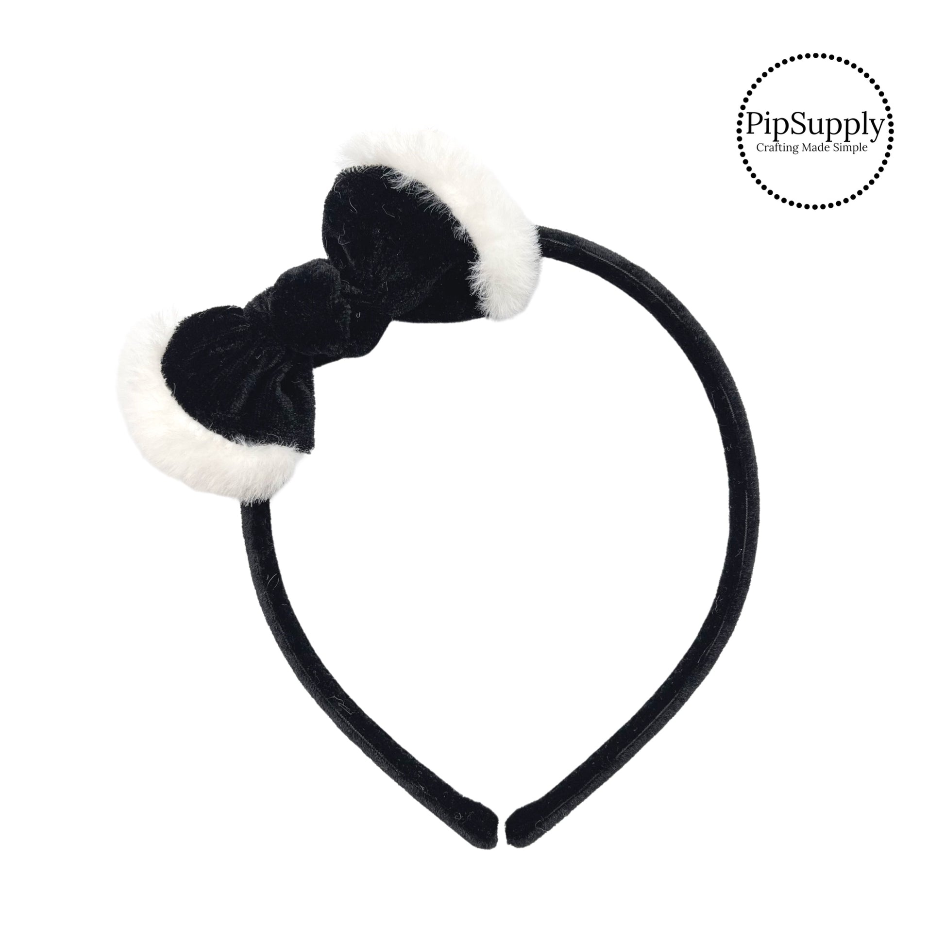 white fur on black bow on black velvet headband