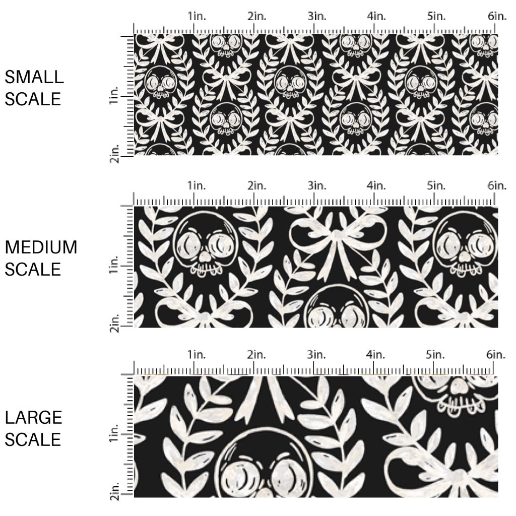 This scale chart of small scale, medium scale, and large scale of these Halloween themed pattern fabric by the yard features the following design elements: cream laurel leaf with skulls on black. This fun spooky themed fabric can be used for all your sewing and crafting needs!