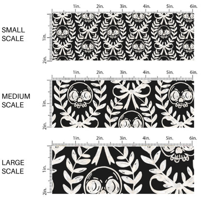 This scale chart of small scale, medium scale, and large scale of these Halloween themed pattern fabric by the yard features the following design elements: cream laurel leaf with skulls on black. This fun spooky themed fabric can be used for all your sewing and crafting needs!