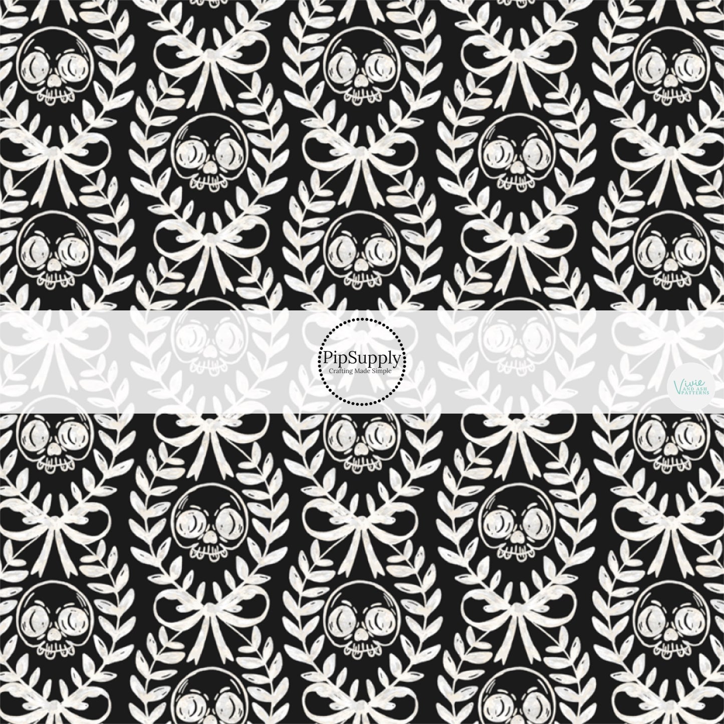 These Halloween themed pattern fabric by the yard features the following design elements: cream laurel leaf with skulls on black. This fun spooky themed fabric can be used for all your sewing and crafting needs!