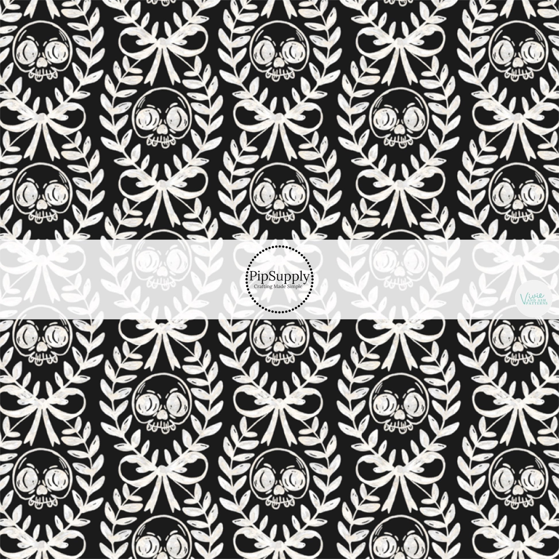 These Halloween themed pattern fabric by the yard features the following design elements: cream laurel leaf with skulls on black. This fun spooky themed fabric can be used for all your sewing and crafting needs!