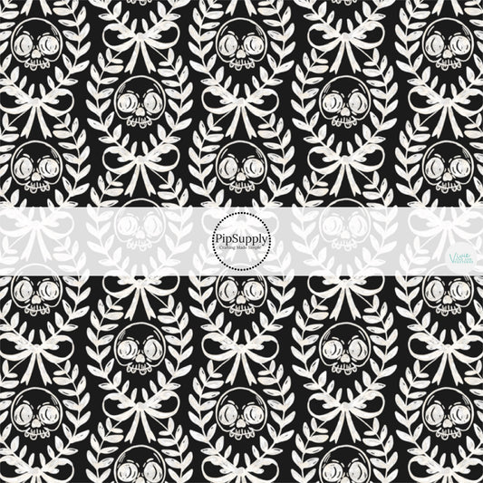 These Halloween themed pattern fabric by the yard features the following design elements: cream laurel leaf with skulls on black. This fun spooky themed fabric can be used for all your sewing and crafting needs!