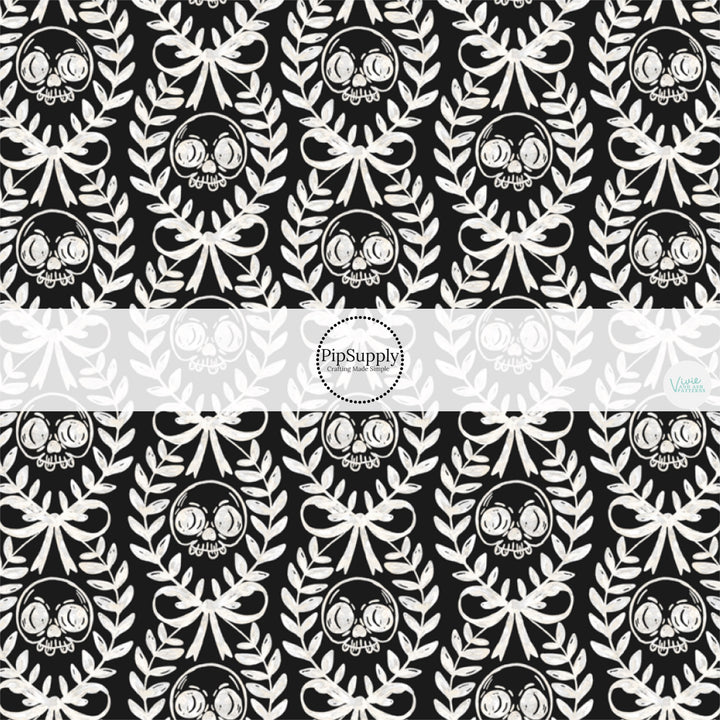 These Halloween themed pattern fabric by the yard features the following design elements: cream laurel leaf with skulls on black. This fun spooky themed fabric can be used for all your sewing and crafting needs!