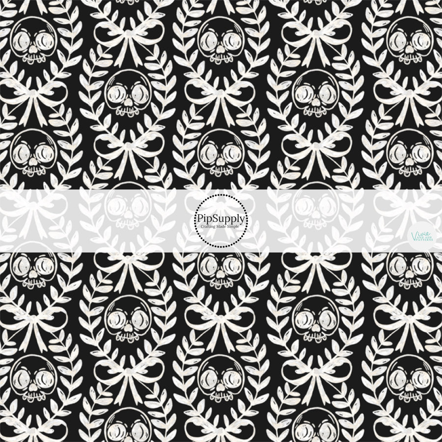 These Halloween themed pattern fabric by the yard features the following design elements: cream laurel leaf with skulls on black. This fun spooky themed fabric can be used for all your sewing and crafting needs!