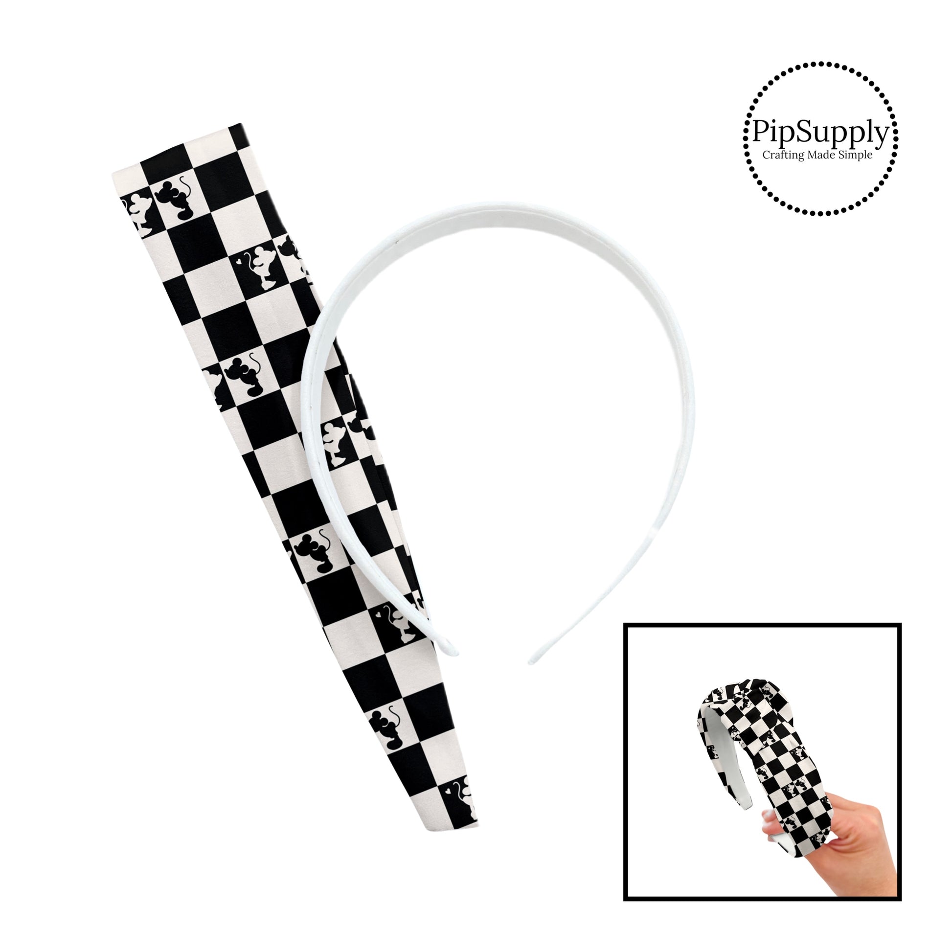 White and black mouse kiss on white and black checker knotted headband kit