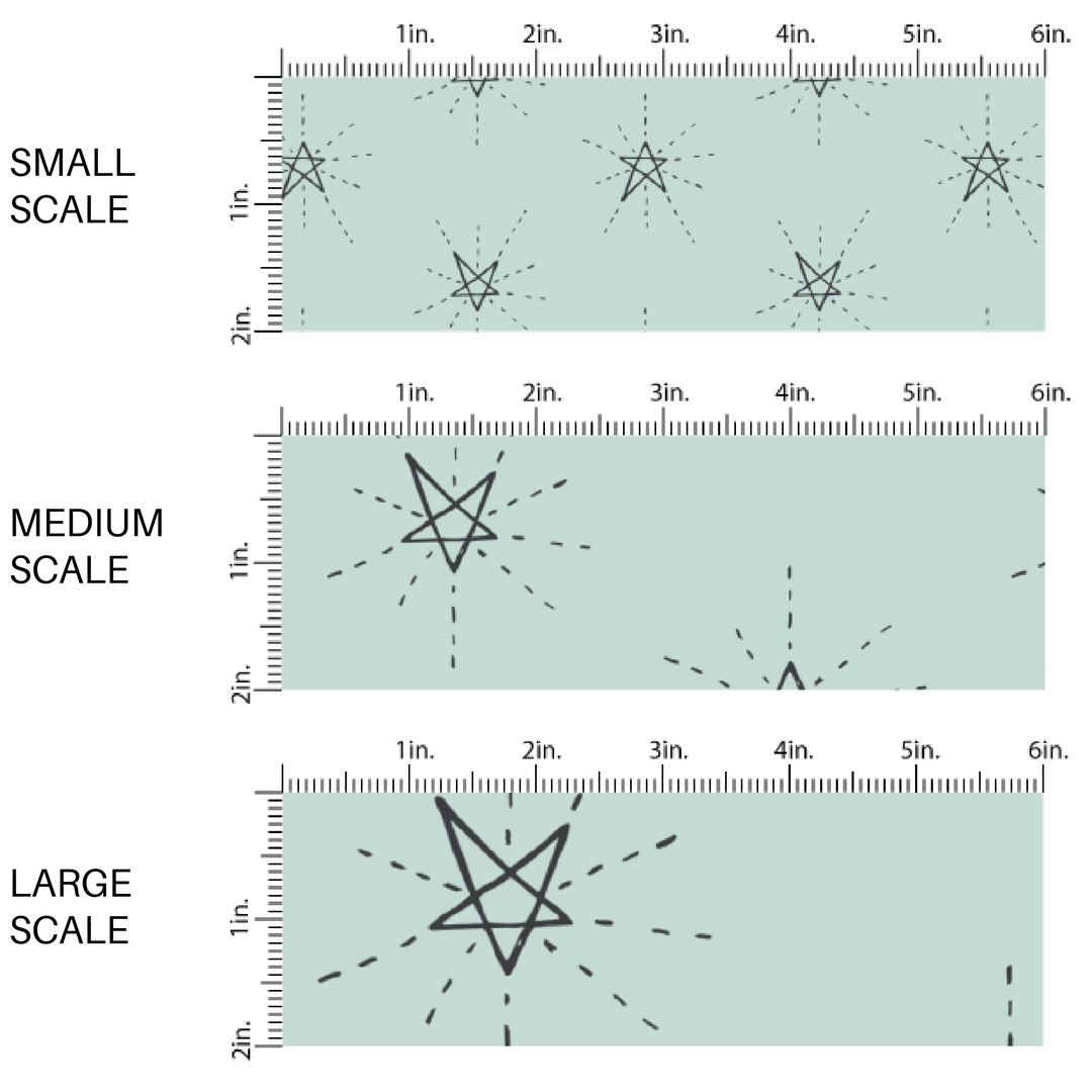 This scale chart of small scale, medium scale, and large scale of these star themed pale green fabric by the yard features black outlined stars on light green. This fun star themed fabric can be used for all your sewing and crafting needs! 