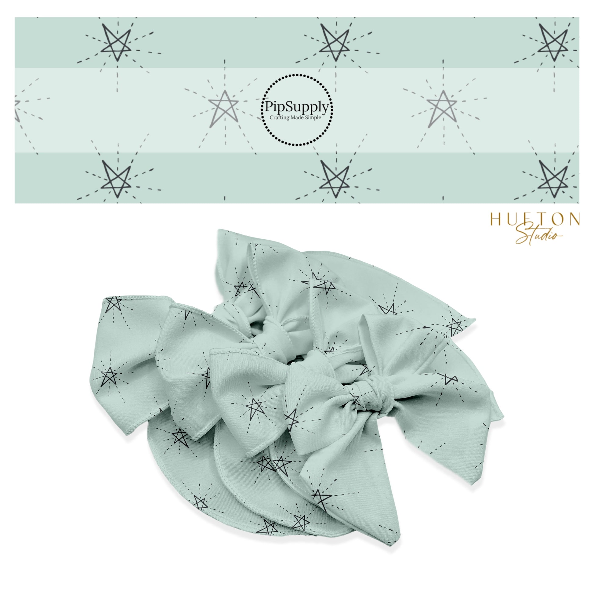 These star themed pale green no sew bow strips can be easily tied and attached to a clip for a finished hair bow. These fun star themed bow strips features black outlined stars on light green are great for personal use or to sell.
