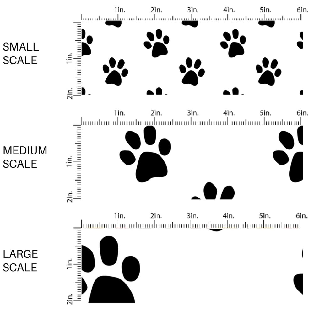 This scale chart of small scale, medium scale, and large scale of these Halloween themed pattern fabric by the yard features the following design elements: black cat paw prints. This fun spooky themed fabric can be used for all your sewing and crafting needs!