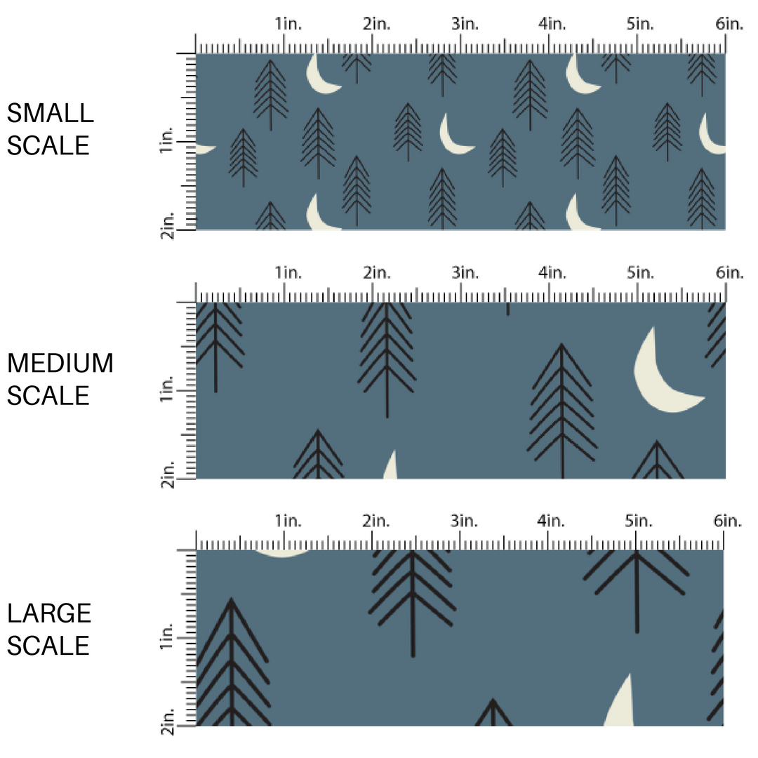 This scale chart of small scale, medium scale, and large scale of these forest dark navy fabric by the yard features pine trees and mountains on dark blue. This fun mountain themed fabric can be used for all your sewing and crafting needs! 