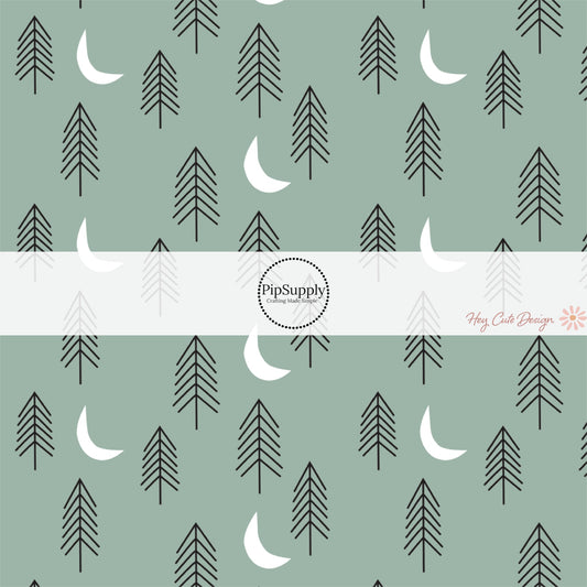These forest dark sage fabric by the yard features pine trees and mountains on sage green. This fun mountain themed fabric can be used for all your sewing and crafting needs! 