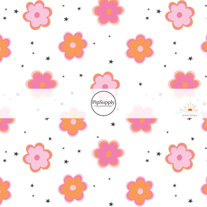 Pink and orange multi flowers with black stars on white hair bow strips