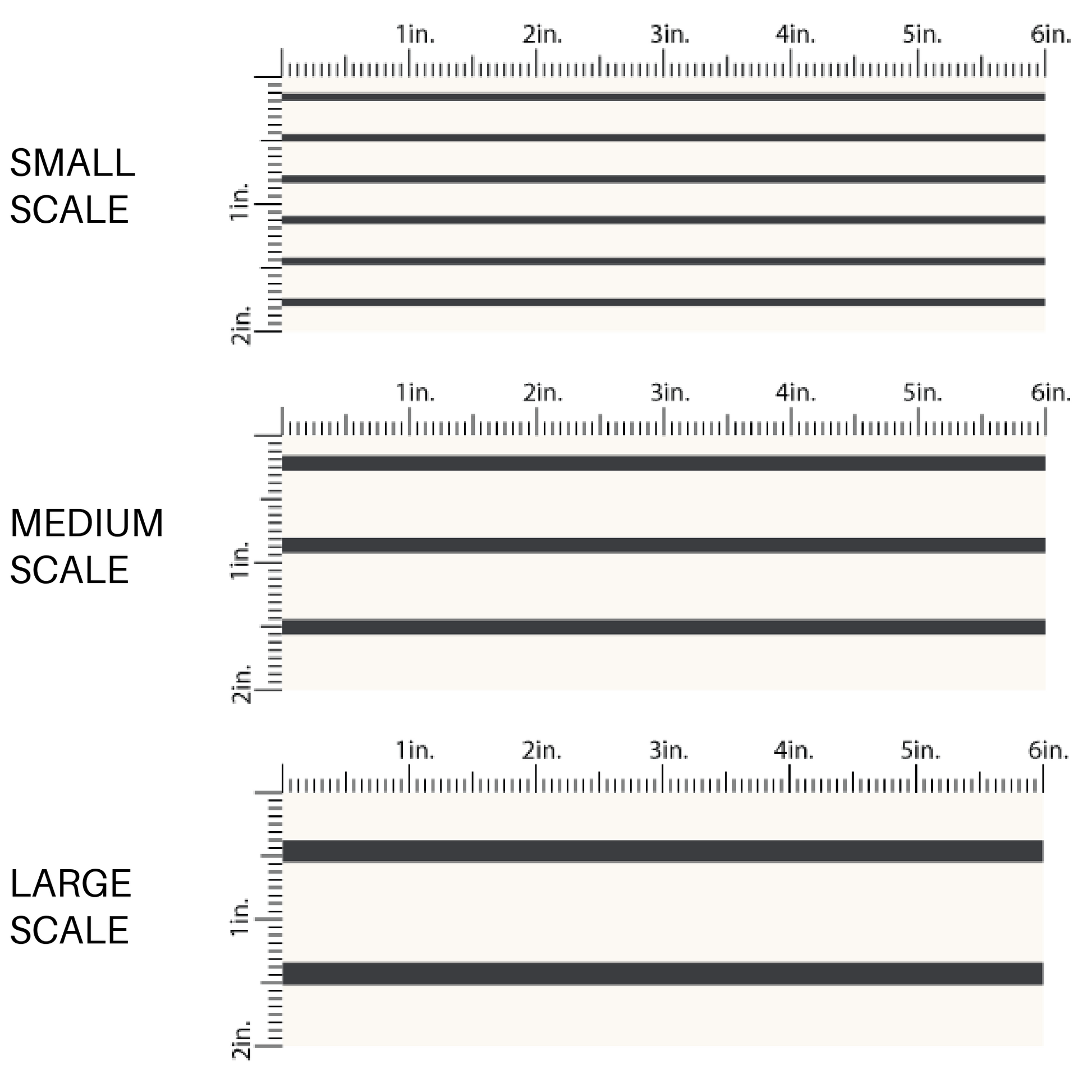 This scale chart of small scale, medium scale, and large scale of these pinstripe themed light cream fabric by the yard features thin black stripes on ivory. This fun stripe themed fabric can be used for all your sewing and crafting needs! 