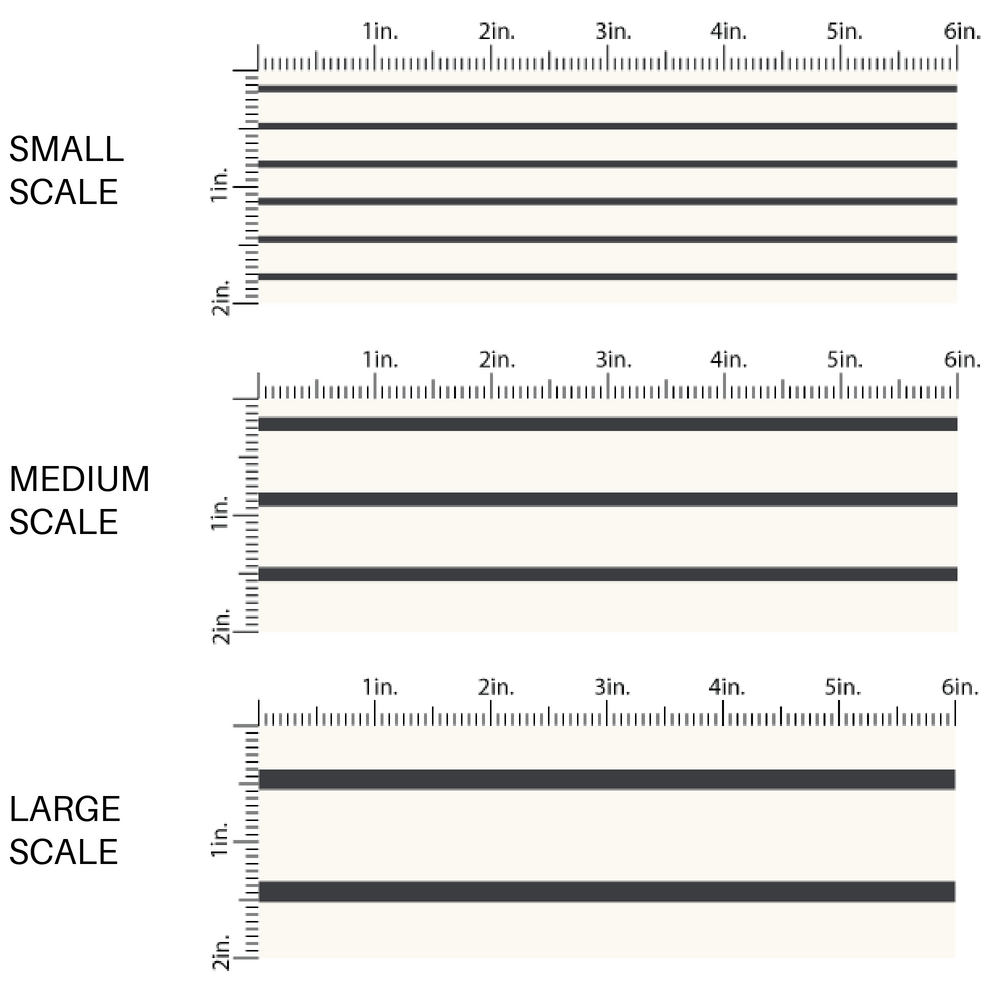 This scale chart of small scale, medium scale, and large scale of these pinstripe themed light cream fabric by the yard features thin black stripes on ivory. This fun stripe themed fabric can be used for all your sewing and crafting needs! 