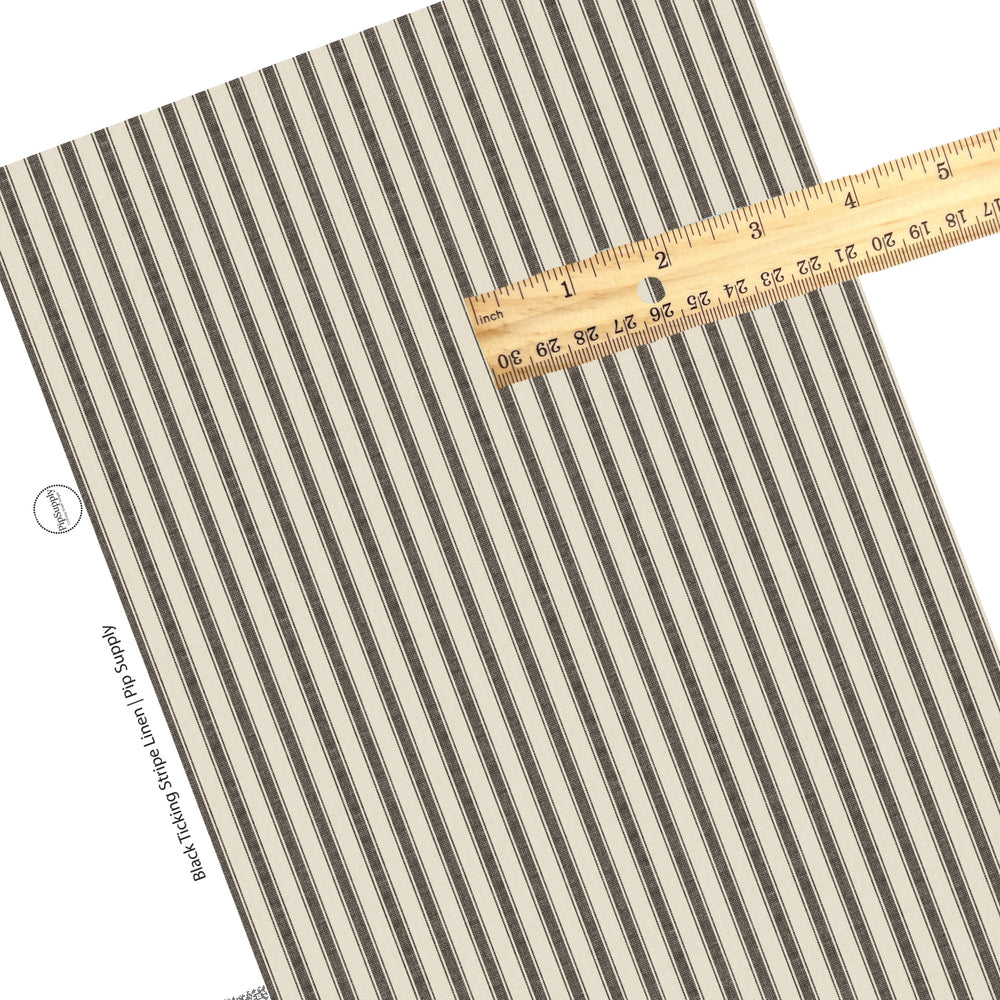 These faux leather sheets contain the following design elements: black ticking stripe pattern on a linen appearance. Our CPSIA compliant faux leather sheets or rolls can be used for all types of crafting projects.