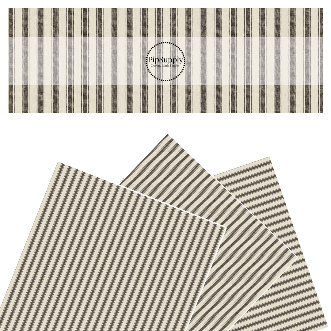 These faux leather sheets contain the following design elements: black ticking stripe pattern on a linen appearance. Our CPSIA compliant faux leather sheets or rolls can be used for all types of crafting projects.