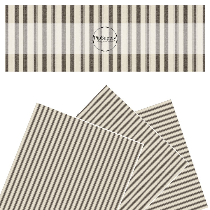 These faux leather sheets contain the following design elements: black ticking stripe pattern on a linen appearance. Our CPSIA compliant faux leather sheets or rolls can be used for all types of crafting projects.